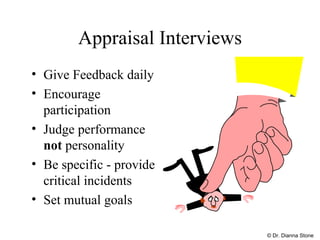 Appraisal Interviews Give Feedback daily Encourage participation Judge performance  not  personality Be specific - provide critical incidents Set mutual goals © Dr. Dianna Stone 
