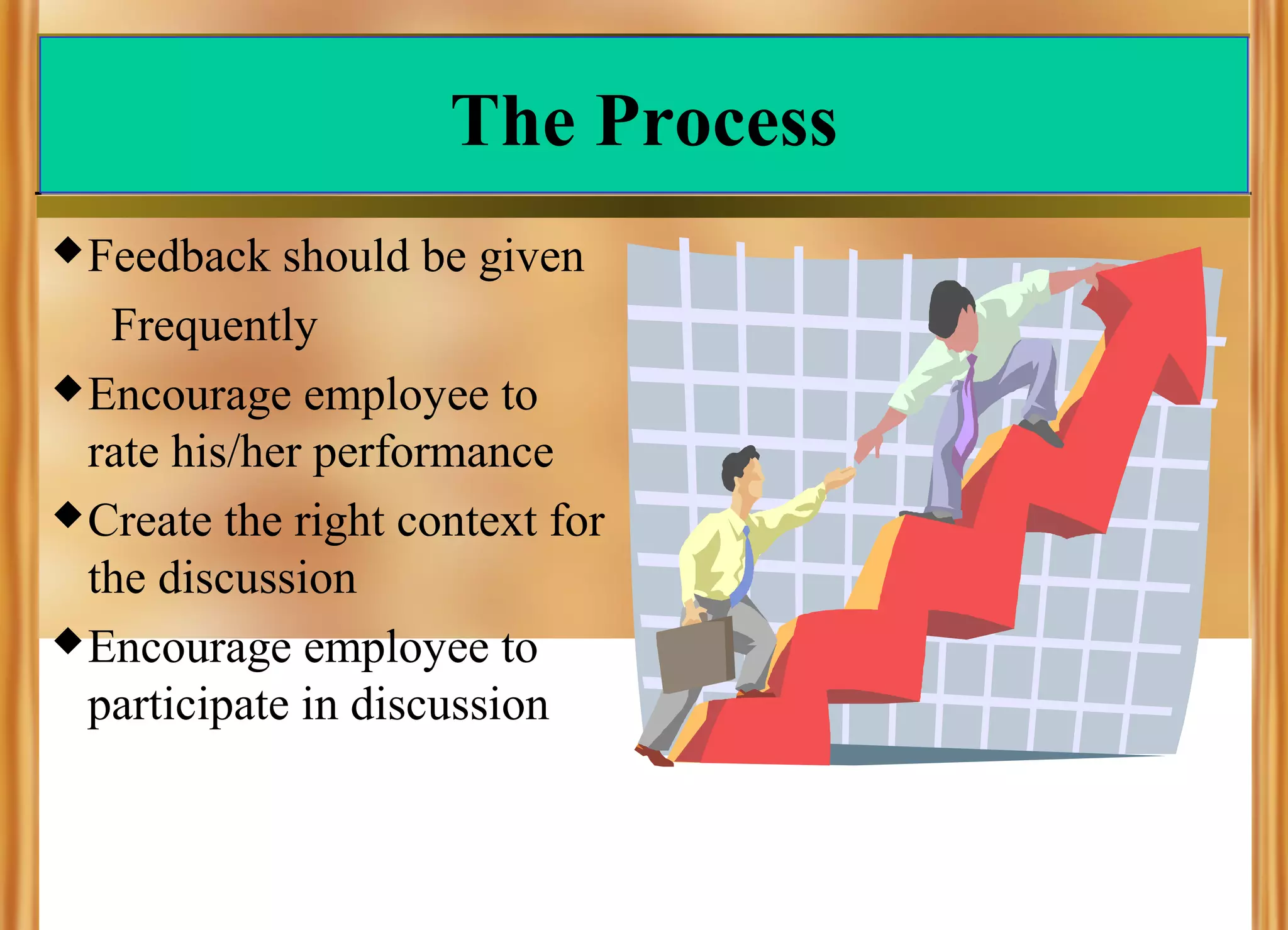 The Process
 Feedback

should be given
Frequently
 Encourage employee to
rate his/her performance
 Create the right context for
the discussion
 Encourage employee to
participate in discussion

 