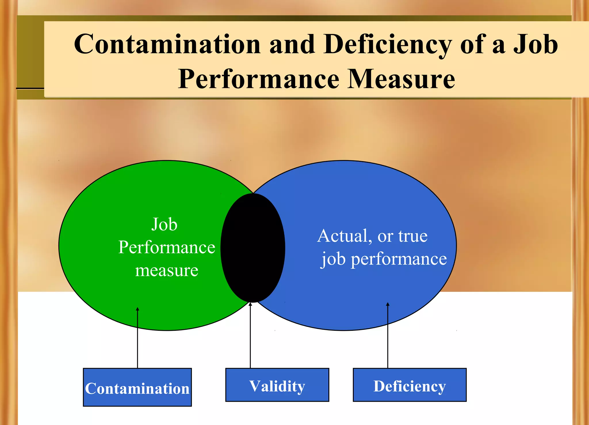 Contamination and Deficiency of a Job
Performance Measure

Job
Performance
measure

Contamination

Actual, or true
job performance

Validity

Deficiency

 