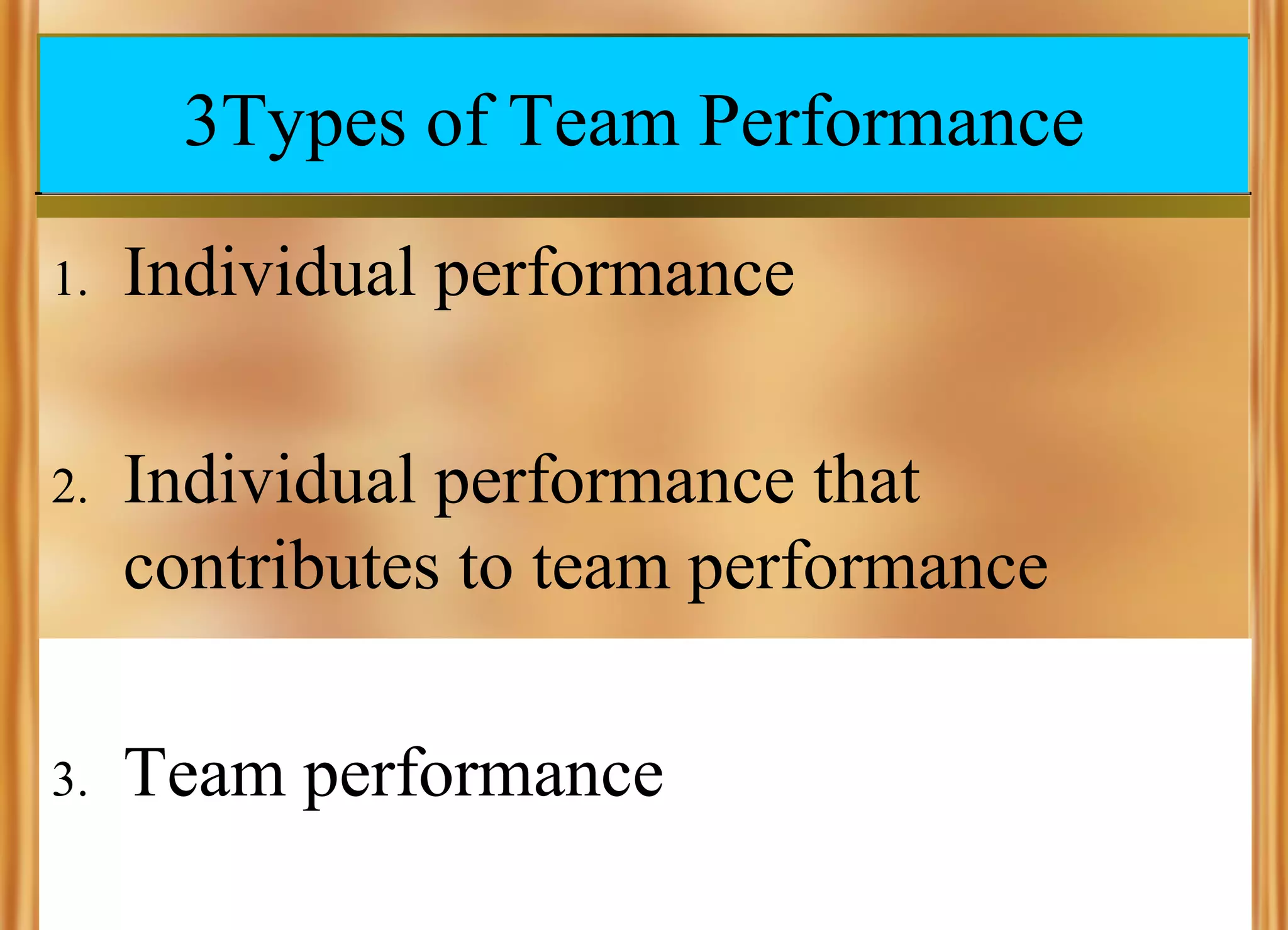 3Types of Team Performance
1.

Individual performance

2.

Individual performance that
contributes to team performance

3.

Team performance

 