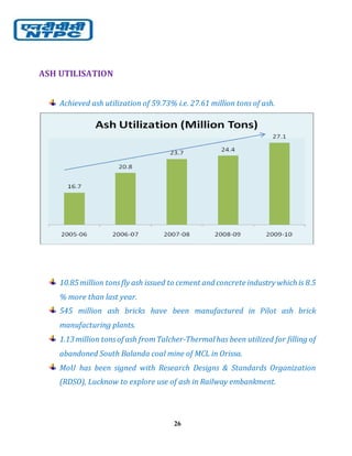 26
ASH UTILISATION
Achieved ash utilization of 59.73% i.e. 27.61 million tons of ash.
10.85 million tonsfly ash issued to cement and concrete industry which is 8.5
% more than last year.
545 million ash bricks have been manufactured in Pilot ash brick
manufacturing plants.
1.13 million tonsof ash fromTalcher-Thermal has been utilized for filling of
abandoned South Balanda coal mine of MCL in Orissa.
MoU has been signed with Research Designs & Standards Organization
(RDSO), Lucknow to explore use of ash in Railway embankment.
 