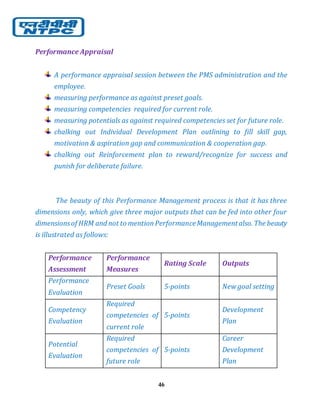 46
Performance Appraisal
A performance appraisal session between the PMS administration and the
employee.
measuring performance as against preset goals.
measuring competencies required for current role.
measuring potentials as against required competencies set for future role.
chalking out Individual Development Plan outlining to fill skill gap,
motivation & aspiration gap and communication & cooperation gap.
chalking out Reinforcement plan to reward/recognize for success and
punish for deliberate failure.
The beauty of this Performance Management process is that it has three
dimensions only, which give three major outputs that can be fed into other four
dimensionsof HRM and not to mentionPerformanceManagementalso. The beauty
is illustrated as follows:
Performance
Assessment
Performance
Measures
Rating Scale Outputs
Performance
Evaluation
Preset Goals 5-points New goal setting
Competency
Evaluation
Required
competencies of
current role
5-points
Development
Plan
Potential
Evaluation
Required
competencies of
future role
5-points
Career
Development
Plan
 