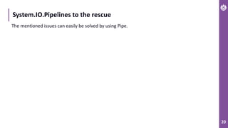 20
System.IO.Pipelines to the rescue
The mentioned issues can easily be solved by using Pipe.
 