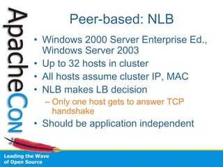 Peer-based: NLB
• Windows 2000 Server Enterprise Ed.,
Windows Server 2003
• Up to 32 hosts in cluster
• All hosts assume cluster IP, MAC
• NLB makes LB decision
– Only one host gets to answer TCP
handshake
• Should be application independent
 