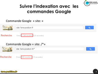 Suivre l’indexation avec les
             commandes Google

Commande Google « site: »




Commande Google « site: /*»




                                        8
 