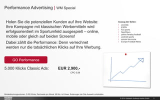 Performance Advertising | Special zur Fußball WM
Holen Sie die potenziellen Kunden auf Ihre Website:
Ihre Kampagne mit klassischen Werbemitteln wird
erfolgsorientiert im Sportumfeld ausgespielt – online,
mobile oder gleich auf beiden Screens!
Dabei zählt die Performance: Denn verrechnet
werden nur die tatsächlichen Klicks auf Ihre Werbung.

Auszug der Seiten:
/
/
/
/
/
/
/
/

aromble
ESPN
fox sports
SportGuru
yahoo fanatsy football
android sports
soccer live score
Europe Football News

GO Performance

5.000 Klicks Classic Ads:

EUR 2.900,CPC 0,58

Mindestbuchungsvolumen: 5.000 Klicks. Reichweite pro Monat: 96 Mio. Ad Views. Änderungen der Site-Auswahl vorbehalten.
© 2014 Goldbach Audience Austria GmbH

3

 