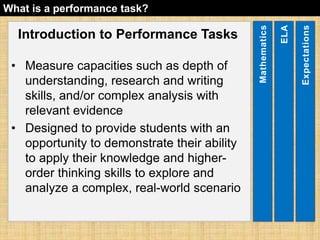 What is a performance task? 
Introduction to Performance Tasks 
• Measure capacities such as depth of 
understanding, research and writing 
skills, and/or complex analysis with 
relevant evidence 
• Designed to provide students with an 
opportunity to demonstrate their ability 
to apply their knowledge and higher-order 
thinking skills to explore and 
analyze a complex, real-world scenario 
Mathematics 
ELA 
Expectations 
 