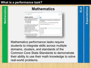Mathematics 
Mathematics performance tasks require 
students to integrate skills across multiple 
domains, clusters, and standards of the 
Common Core State Standards to demonstrate 
their ability to use their math knowledge to solve 
real-world problems. 
Mathematics 
ELA 
Expectations 
What is a performance task? 
 