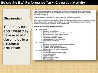 Before the ELA Performance Task: Classroom Activity 
Discussion: 
Then, they talk 
about what they 
have read with 
classmates in a 
structured 
discussion. 
 