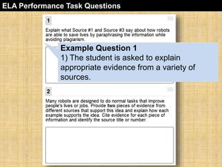 ELA Performance Task Questions 
Example Question 1 
1) The student is asked to explain 
appropriate evidence from a variety of 
sources. 
 
