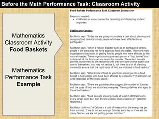 Before the Math Performance Task: Classroom Activity 
Mathematics 
Classroom Activity 
Food Baskets 
Mathematics 
Performance Task 
Example 
 