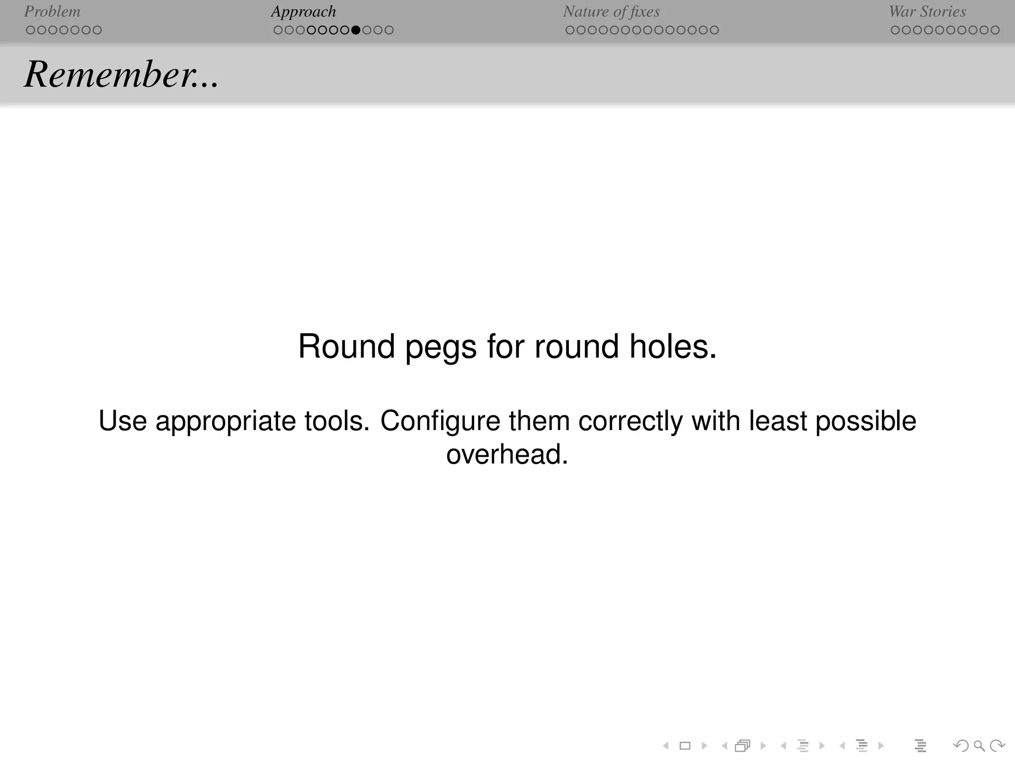 Problem                Approach                Nature of ﬁxes            War Stories



Remember...




                          Round pegs for round holes.

          Use appropriate tools. Conﬁgure them correctly with least possible
                                     overhead.
 