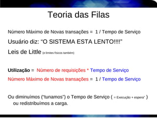 Teoria das Filas
Número Máximo de Novas transações = 1 / Tempo de Serviço

Usuário diz: “O SISTEMA ESTA LENTO!!!!”
Leis de Little (e limites físicos também)


Utilização = Número de requisições * Tempo de Serviço
Número Máximo de Novas transações = 1 / Tempo de Serviço


Ou diminuímos (“tunamos”) o Tempo de Serviço (   = Execução + espera”   )
  ou redistribuímos a carga.
 