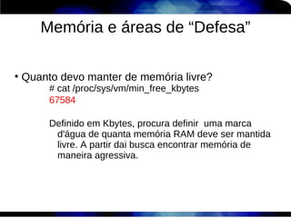 Memória e áreas de “Defesa”

●
    Quanto devo manter de memória livre?
         # cat /proc/sys/vm/min_free_kbytes
         67584

         Definido em Kbytes, procura definir uma marca
          d'água de quanta memória RAM deve ser mantida
          livre. A partir dai busca encontrar memória de
          maneira agressiva.
 