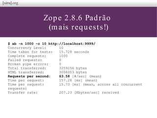 Zope 2.8.6 Padrão
(mais requests!)
$ ab -n 1000 -c 10 http://localhost:9999/
Concurrency Level: 10
Time taken for tests: 15.728 seconds
Complete requests: 1000
Failed requests: 0
Broken pipe errors: 0
Total transferred: 3259256 bytes
HTML transferred: 3056053 bytes
Requests per second: 63.58 [#/sec] (mean)
Time per request: 157.28 [ms] (mean)
Time per request: 15.73 [ms] (mean, across all concurrent
requests)
Transfer rate: 207.23 [Kbytes/sec] received
 