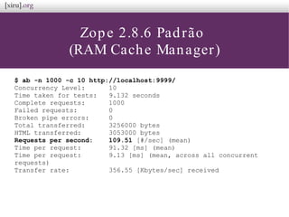 Zope 2.8.6 Padrão
(RAM Cache Manager)
$ ab -n 1000 -c 10 http://localhost:9999/
Concurrency Level: 10
Time taken for tests: 9.132 seconds
Complete requests: 1000
Failed requests: 0
Broken pipe errors: 0
Total transferred: 3256000 bytes
HTML transferred: 3053000 bytes
Requests per second: 109.51 [#/sec] (mean)
Time per request: 91.32 [ms] (mean)
Time per request: 9.13 [ms] (mean, across all concurrent
requests)
Transfer rate: 356.55 [Kbytes/sec] received
 