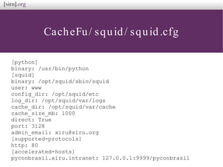 CacheFu/ squid/ squid.cfg
[python]
binary: /usr/bin/python
[squid]
binary: /opt/squid/sbin/squid
user: www
config_dir: /opt/squid/etc
log_dir: /opt/squid/var/logs
cache_dir: /opt/squid/var/cache
cache_size_mb: 1000
direct: True
port: 3128
admin_email: xiru@xiru.org
[supported-protocols]
http: 80
[accelerated-hosts]
pyconbrasil.xiru.intranet: 127.0.0.1:9999/pyconbrasil
 