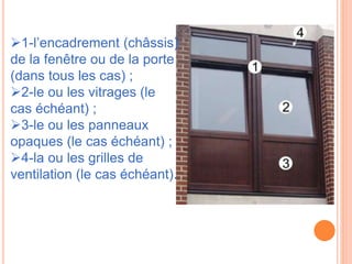 1-l’encadrement (châssis)
de la fenêtre ou de la porte
(dans tous les cas) ;
2-le ou les vitrages (le
cas échéant) ;
3-le ou les panneaux
opaques (le cas échéant) ;
4-la ou les grilles de
ventilation (le cas échéant).
 