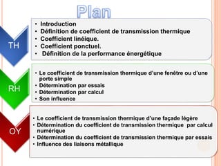 TH
• Introduction
• Définition de coefficient de transmission thermique
• Coefficient linéique.
• Coefficient ponctuel.
• Définition de la performance énergétique
RH
• Le coefficient de transmission thermique d’une fenêtre ou d’une
porte simple
• Détermination par essais
• Détermination par calcul
• Son influence
OY
• Le coefficient de transmission thermique d’une façade légère
• Détermination du coefficient de transmission thermique par calcul
numérique
• Détermination du coefficient de transmission thermique par essais
• Influence des liaisons métallique
 