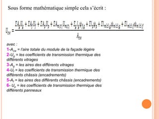 Sous forme mathématique simple cela s’écrit :
avec :
1-Acw = l’aire totale du module de la façade légère
2-Ug = les coefficients de transmission thermique des
différents vitrages
3-Ag = les aires des différents vitrages
4-Uf = les coefficients de transmission thermique des
différents châssis (encadrements)
5-Af = les aires des différents châssis (encadrements)
6- Up = les coefficients de transmission thermique des
différents panneaux
 
