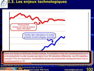 Mohamed Louadi, PhD Tunis mlouadi@louadi.com 100
1958
1960
1962
1964
1966
1968
1970
1972
1974
1976
1978
1980
1982
1984
1986
1988
1990
1992
1994
1996
1998
2000
2002
2004
2006
2008
2010
2012
2014
2016
Productivité
(Output par Unité de Capital)
Base=100 (2005)
Ventes des ordinateurs et autres
produits et technologies associés
Brown, J.S. et Hagel III, J. (2003). Does IT Matter? An HBR Debate, Letter from John Seely Brown and John Hagel III, Harvard
Business Review, June, pp. 2-4, http://www.johnseelybrown.com/Web_Letters.pdf, consulté le 18 décembre 2012 et Carr, N. (2003).
IT Doesn't Matter, Harvard Business Review, Mai, pp. 41-49..
Dans une étude du McKinsey Global Institute, la corrélation entre les investissements en TI
et la productivité n’a été trouvée que dans 6 sur 59 industries différentes. Les 53 restantes,
cumulant 70% de l’économie, ont bénéficié de peu de productivité conséquemment à leurs
investissements en TI!
I.3. Les enjeux technologiques
 