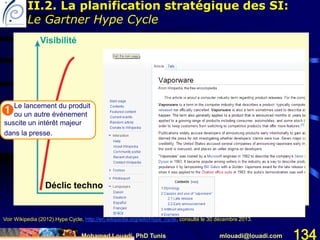 Mohamed Louadi, PhD Tunis mlouadi@louadi.com 134
Voir Wikipedia (2012).Hype Cycle, http://en.wikipedia.org/wiki/Hype_cycle, consulté le 30 décembre 2013.
Déclic technologique
Creux de la désillusion
Pente de l’éclaircissement
Plateau de productivité
Pic des attentes exagérées
Maturité (Temps)
Visibilité
Le lancement du produit
ou un autre événement
suscite un intérêt majeur
dans la presse.
II.2. La planification stratégique des SI:
Le Gartner Hype Cycle
 