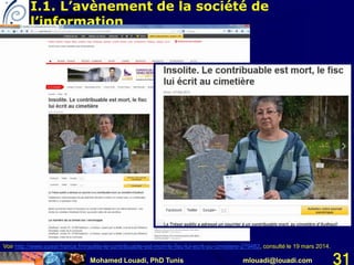 Mohamed Louadi, PhD Tunis mlouadi@louadi.com 31
I.1. L’avènement de la société de
l’information
Voir http://www.ouest-france.fr/insolite-le-contribuable-est-mort-le-fisc-lui-ecrit-au-cimetiere-279482, consulté le 19 mars 2014.
 