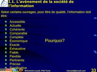 Mohamed Louadi, PhD Tunis mlouadi@louadi.com 33
Accessible
Actuelle
Cohérente
Comparable
Complète
Économique
Exacte
Exhaustive
Fiable
Flexible
Pertinente
Précise
Significative
Pourquoi?
I.1. L’avènement de la société de
l’information
 