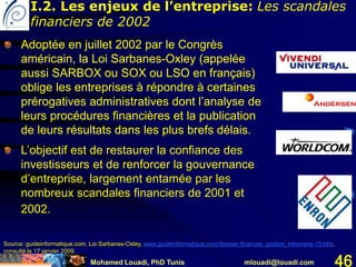 Mohamed Louadi, PhD Tunis mlouadi@louadi.com 46
Adoptée en juillet 2002 par le Congrès
américain, la Loi Sarbanes-Oxley (appelée
aussi SARBOX ou SOX ou LSO en français)
oblige les entreprises à répondre à certaines
prérogatives administratives dont l’analyse de
leurs procédures financières et la publication
de leurs résultats dans les plus brefs délais.
Source: guideinformatique.com, Loi Sarbanes-Oxley, www.guideinformatique.com/dossier-finances_gestion_tresorerie-15.htm,
consulté le 17 janvier 2009.
I.2. Les enjeux de l’entreprise: Les scandales
financiers de 2002
Adoptée en juillet 2002 par le Congrès
américain, la Loi Sarbanes-Oxley (appelée
aussi SARBOX ou SOX ou LSO en français)
oblige les entreprises à répondre à certaines
prérogatives administratives dont l’analyse de
leurs procédures financières et la publication
de leurs résultats dans les plus brefs délais.
L’objectif est de restaurer la confiance des
investisseurs et de renforcer la gouvernance
d’entreprise, largement entamée par les
nombreux scandales financiers de 2001 et
2002.
 