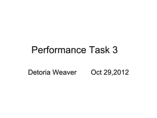 Performance Task 3

Detoria Weaver   Oct 29,2012
 