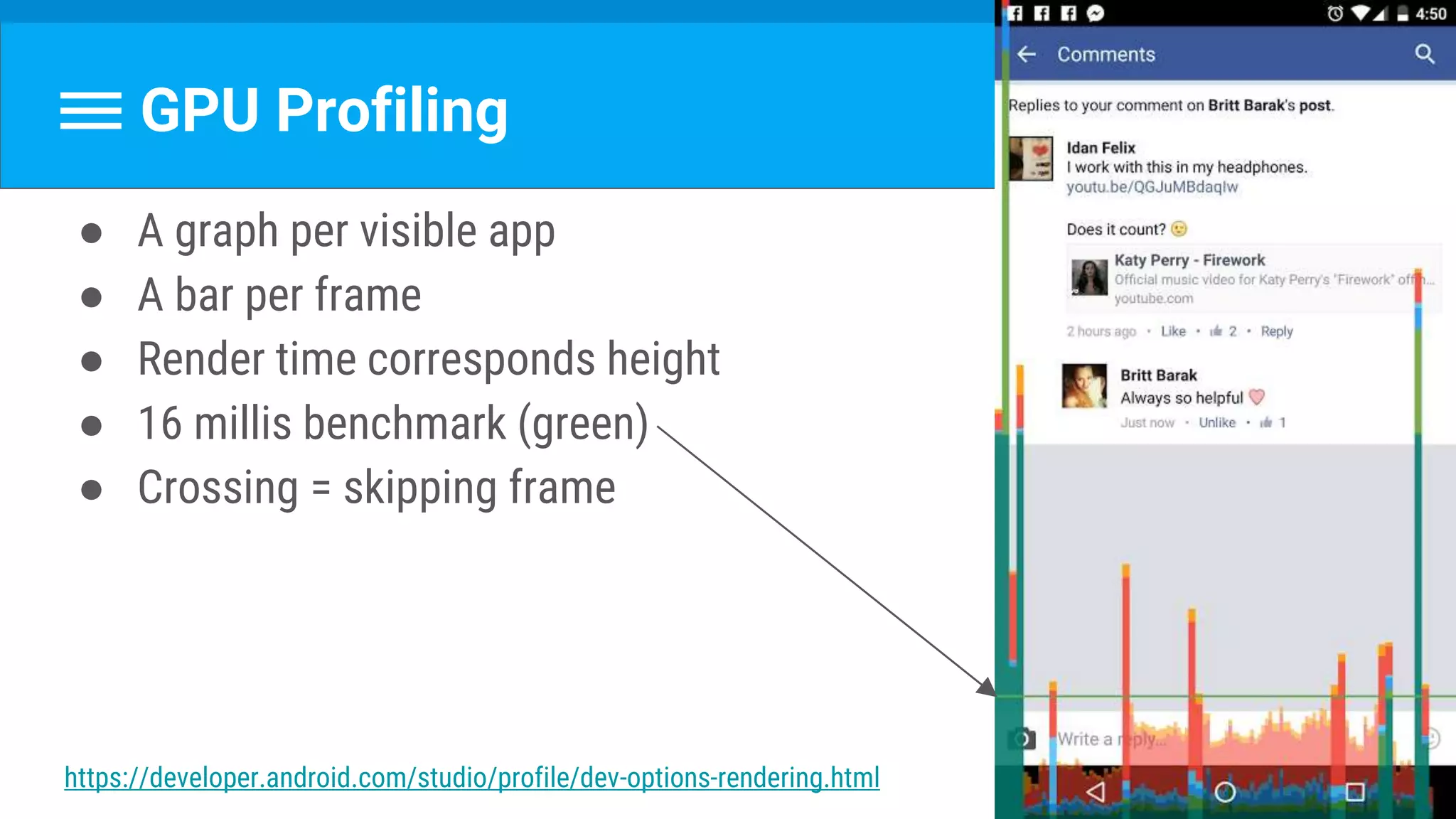 GPU Profiling
● A graph per visible app
● A bar per frame
● Render time corresponds height
● 16 millis benchmark (green)
● Crossing = skipping frame
https://developer.android.com/studio/profile/dev-options-rendering.html
 