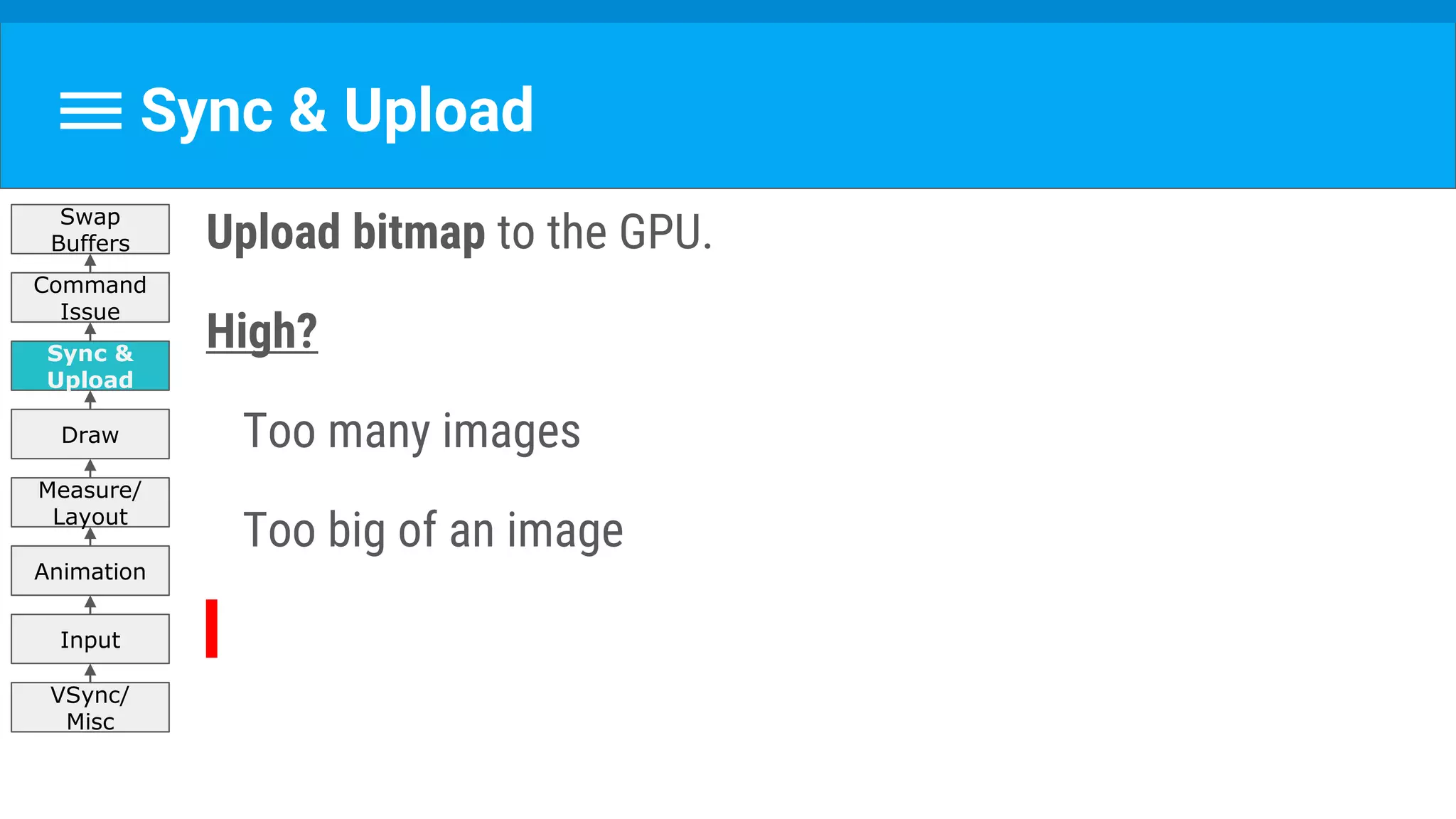 Sync & Upload
Upload bitmap to the GPU.
High?
Too many images
Too big of an image
VSync/
Misc
Input
Animation
Measure/
Layout
Draw
Sync &
Upload
Command
Issue
Swap
Buffers
 