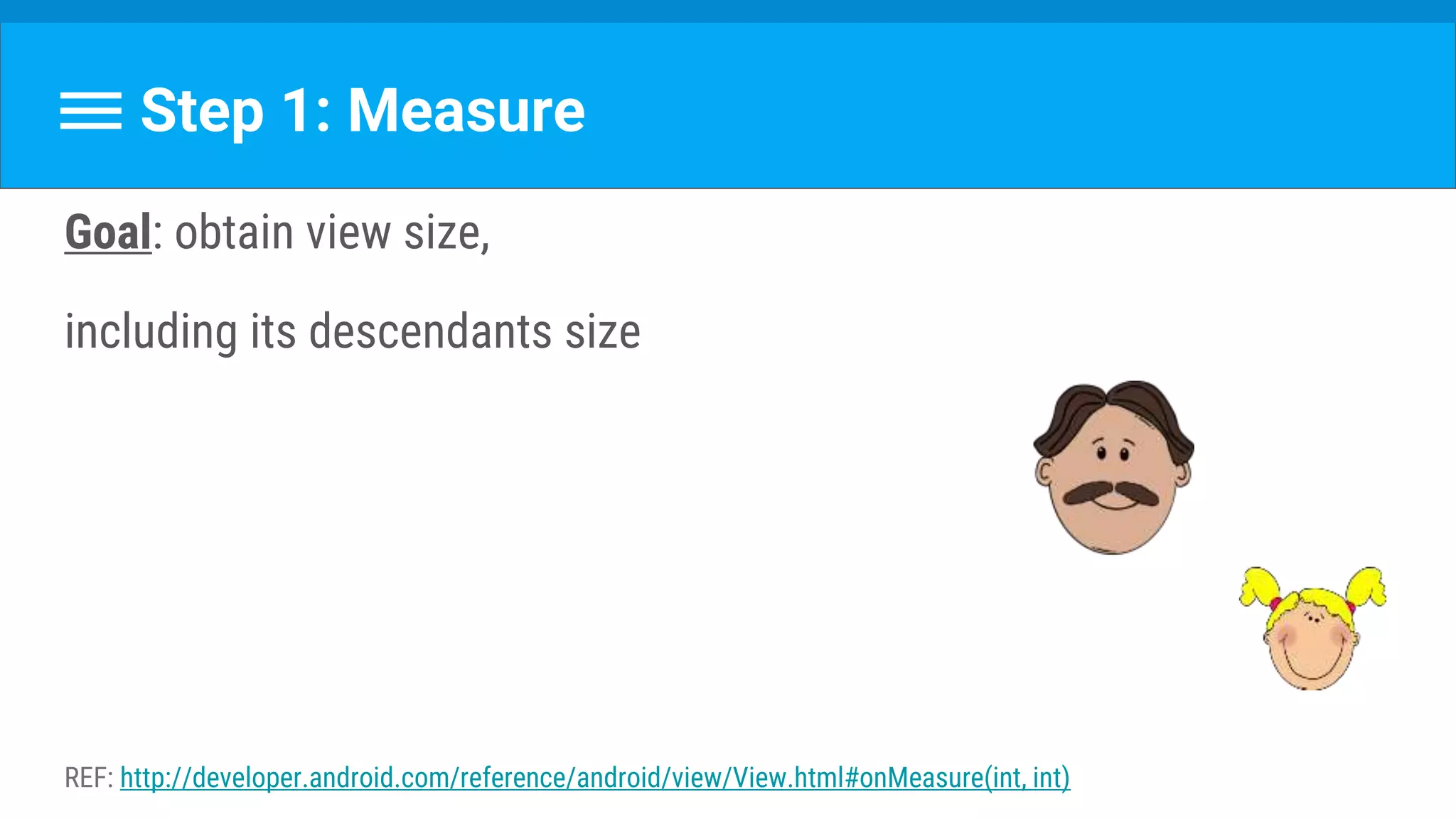 Step 1: Measure
Goal: obtain view size,
including its descendants size
REF: http://developer.android.com/reference/android/view/View.html#onMeasure(int, int)
 