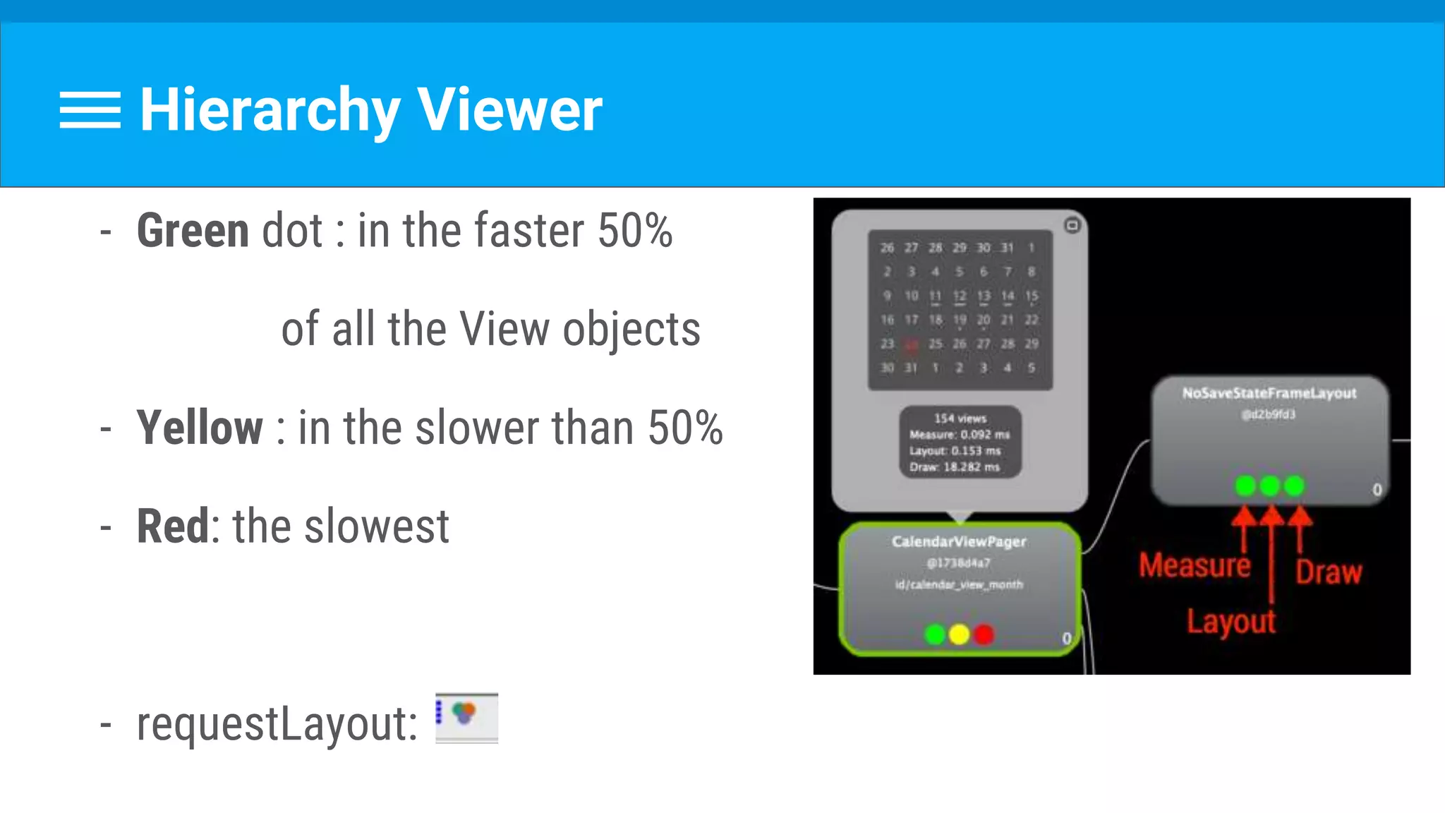 Hierarchy Viewer
- Green dot : in the faster 50%
of all the View objects
- Yellow : in the slower than 50%
- Red: the slowest
- requestLayout:
 