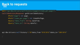 Back to requests
@GET("api/dbx/drivers/self/history/{page}/{items_per_page}")
Call<JobsHistoryResponse> getDriverJobsHistory(
@Path("page") int page,
@Path("items_per_page") int itemsPerPage,
@Query("date_from") String dateFrom,
@Query("date_to") String dateTo);
api/dbx/drivers/self/history/1/30?date_from=”01012016”&date_to=”30012016”
 