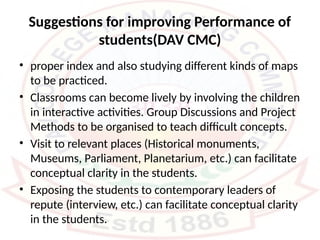 Suggestions for improving Performance of
students(DAV CMC)
• proper index and also studying different kinds of maps
to be practiced.
• Classrooms can become lively by involving the children
in interactive activities. Group Discussions and Project
Methods to be organised to teach difficult concepts.
• Visit to relevant places (Historical monuments,
Museums, Parliament, Planetarium, etc.) can facilitate
conceptual clarity in the students.
• Exposing the students to contemporary leaders of
repute (interview, etc.) can facilitate conceptual clarity
in the students.
 