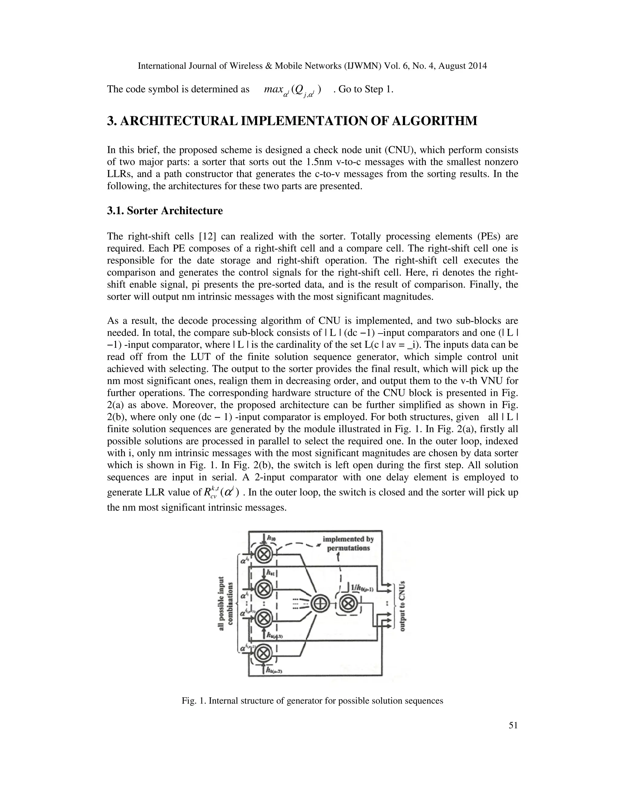 International Journal of Wireless Mobile Networks (IJWMN) Vol. 6, No. 4, August 2014 51 The code symbol is determined as ( ) l l j , max Q a a . Go to Step 1. 3. ARCHITECTURAL IMPLEMENTATION OF ALGORITHM In this brief, the proposed scheme is designed a check node unit (CNU), which perform consists of two major parts: a sorter that sorts out the 1.5nm v-to-c messages with the smallest nonzero LLRs, and a path constructor that generates the c-to-v messages from the sorting results. In the following, the architectures for these two parts are presented. 3.1. Sorter Architecture The right-shift cells [12] can realized with the sorter. Totally processing elements (PEs) are required. Each PE composes of a right-shift cell and a compare cell. The right-shift cell one is responsible for the date storage and right-shift operation. The right-shift cell executes the comparison and generates the control signals for the right-shift cell. Here, ri denotes the right-shift enable signal, pi presents the pre-sorted data, and is the result of comparison. Finally, the sorter will output nm intrinsic messages with the most significant magnitudes. As a result, the decode processing algorithm of CNU is implemented, and two sub-blocks are needed. In total, the compare sub-block consists of | L | (dc −1) –input comparators and one (| L | −1) -input comparator, where | L | is the cardinality of the set L(c | av = _i). The inputs data can be read off from the LUT of the finite solution sequence generator, which simple control unit achieved with selecting. The output to the sorter provides the final result, which will pick up the nm most significant ones, realign them in decreasing order, and output them to the v-th VNU for further operations. The corresponding hardware structure of the CNU block is presented in Fig. 2(a) as above. Moreover, the proposed architecture can be further simplified as shown in Fig. 2(b), where only one (dc − 1) -input comparator is employed. For both structures, given all | L | finite solution sequences are generated by the module illustrated in Fig. 1. In Fig. 2(a), firstly all possible solutions are processed in parallel to select the required one. In the outer loop, indexed with i, only nm intrinsic messages with the most significant magnitudes are chosen by data sorter which is shown in Fig. 1. In Fig. 2(b), the switch is left open during the first step. All solution sequences are input in serial. A 2-input comparator with one delay element is employed to generate LLR value of , ( ) k t i cv R a . In the outer loop, the switch is closed and the sorter will pick up the nm most significant intrinsic messages. Fig. 1. Internal structure of generator for possible solution sequences 