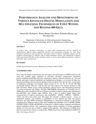 International Journal of Computer Networks & Communications (IJCNC) Vol.6, No.2, March 2014
DOI : 10.5121/ijcnc.2014.6213 159
PERFORMANCE ANALYSIS AND MONITORING OF
VARIOUS ADVANCED DIGITAL MODULATION AND
MULTIPLEXING TECHNIQUES OF F.O.C WITHIN
AND BEYOND 400 GB/S.
Sumant Ku. Mohapatra, Ramya Ranjan Choudhury, Rabindra Bhojray and
Pravanjan Das
Department of Electronics & Telecommunication Engineering,
Trident Academy of Technology, B.P.U.T, Bhubaneswar, Odisha, India
ABSTRACT
To achieve better calculative performance in optical fiber communication and for simplicity of
implementation different digital modulation, detection and multiplexing techniques are used. These
techniques maximize the spectral efficiency. This paper reviews a tabular comparative analysis with 3D
graphical representation for different optical digital modulation formats and multiplexing techniques
within and beyond 400 Gb/s. In this particular article we survey about different parameters related to
digital fiber optic communication.
KEYWORDS
OFDM, Digital Modulation formats, Multiplexing techniques, QAM & WDM.
1. INTRODUCTION
Now a days by digital communication one can improve the performance of OSNR sensitivity, Bit
error rate, nominal range, sensitivity to non-linear distortion, transmission, attenuation
profile, modulated bandwidth efficiency, information capacity, Spectral efficiency etc, The goal
behind each type of optical modulation and multiplexing techniques is to increase the data rate,
transmission fidelity and transmission distance between stations. Over the last years several types
of modulation techniques are designed which consists of 2.5, 10, 20, 25, 40 and 100 Gb/s
wavelength channels. But now a day the data rate with respect to the channel increases to 400
Gb/s and above. Media Access control parameters, physical layers, and management parameter
[17] using 4-channels with 25Gb/s. 107 Gb/s NRZ-DQPSK transmission at 1.0 b/s/Hz over 12-
100Km have been introduced [18] by P.J.Winzer including 6 optical routing nodes (published in
Proc.OFC2007, post deadline paper PDP24). Now a days in modern digital optical fiber
communication to improve transmission data rate200Gb/s , 400Gb/s , 800Gb/s , 1000Gb/s ,
1Tbit/s and above have been used. This paper also provides a tabular manner survey of
modulation methods, with emphasis on probability of error, photons per pulse and spectral
efficiency and other DFOC parameters. Multiplexing is a promising technique in optical fiber
communication. Different types of fiber optic multiplexing techniques such as OTDM, OFDM,
COFDM, WDM, CWDM and DWDM are analyzed in a tabular manner compared with different
digital modulation formats. The comparative analysis taking suitability of various modulation
formats over bit error rates of 0.004 is studied in this approach. The robustness of DPSK direct
detection transmission format in standard fiber WDM systems have been published in2000 [33].
 