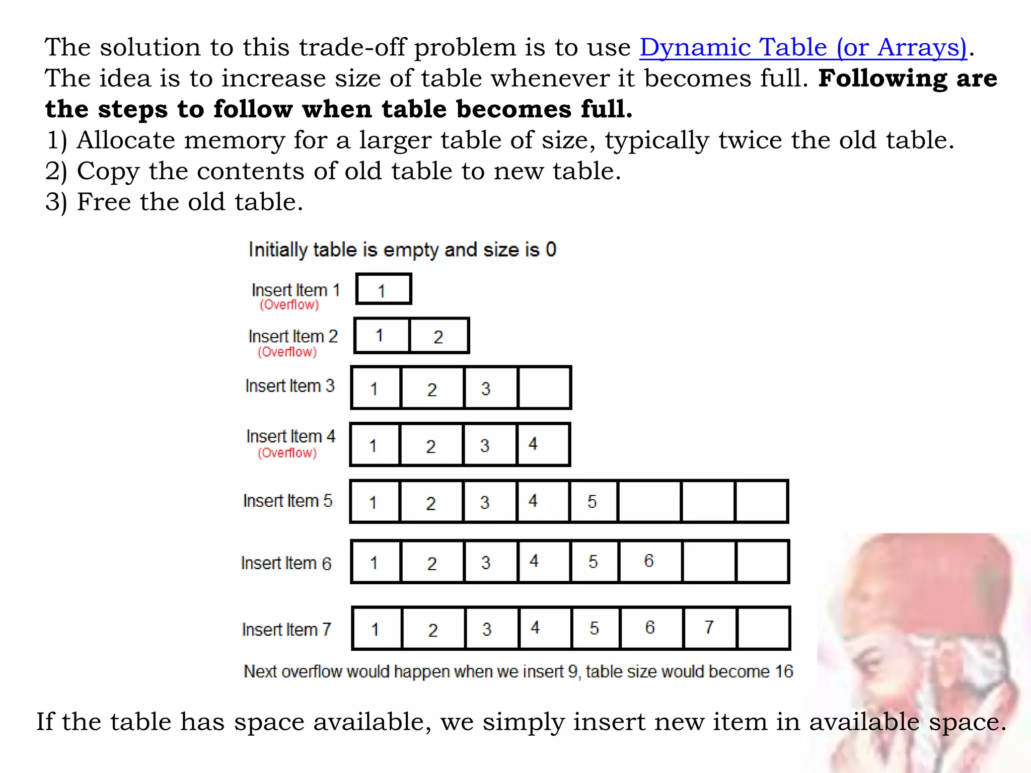 The solution to this trade-off problem is to use Dynamic Table (or Arrays).
The idea is to increase size of table whenever it becomes full. Following are
the steps to follow when table becomes full.
1) Allocate memory for a larger table of size, typically twice the old table.
2) Copy the contents of old table to new table.
3) Free the old table.
If the table has space available, we simply insert new item in available space.
 