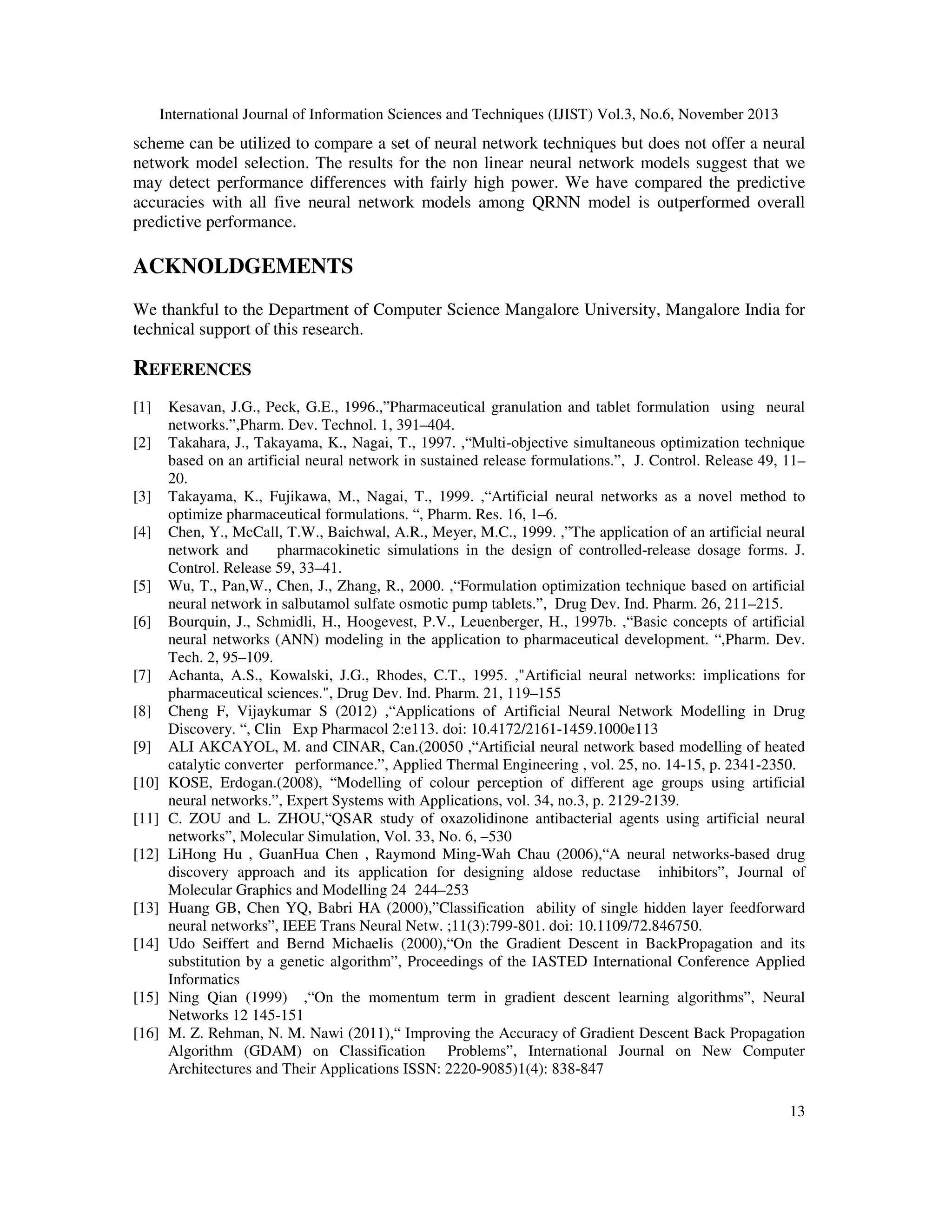 International Journal of Information Sciences and Techniques (IJIST) Vol.3, No.6, November 2013

scheme can be utilized to compare a set of neural network techniques but does not offer a neural
network model selection. The results for the non linear neural network models suggest that we
may detect performance differences with fairly high power. We have compared the predictive
accuracies with all five neural network models among QRNN model is outperformed overall
predictive performance.

ACKNOLDGEMENTS
We thankful to the Department of Computer Science Mangalore University, Mangalore India for
technical support of this research.

REFERENCES
[1]
[2]

[3]
[4]

[5]
[6]

[7]
[8]
[9]
[10]
[11]
[12]

[13]
[14]

[15]
[16]

Kesavan, J.G., Peck, G.E., 1996.,”Pharmaceutical granulation and tablet formulation using neural
networks.”,Pharm. Dev. Technol. 1, 391–404.
Takahara, J., Takayama, K., Nagai, T., 1997. ,“Multi-objective simultaneous optimization technique
based on an artificial neural network in sustained release formulations.”, J. Control. Release 49, 11–
20.
Takayama, K., Fujikawa, M., Nagai, T., 1999. ,“Artificial neural networks as a novel method to
optimize pharmaceutical formulations. “, Pharm. Res. 16, 1–6.
Chen, Y., McCall, T.W., Baichwal, A.R., Meyer, M.C., 1999. ,”The application of an artificial neural
network and
pharmacokinetic simulations in the design of controlled-release dosage forms. J.
Control. Release 59, 33–41.
Wu, T., Pan,W., Chen, J., Zhang, R., 2000. ,“Formulation optimization technique based on artificial
neural network in salbutamol sulfate osmotic pump tablets.”, Drug Dev. Ind. Pharm. 26, 211–215.
Bourquin, J., Schmidli, H., Hoogevest, P.V., Leuenberger, H., 1997b. ,“Basic concepts of artificial
neural networks (ANN) modeling in the application to pharmaceutical development. “,Pharm. Dev.
Tech. 2, 95–109.
Achanta, A.S., Kowalski, J.G., Rhodes, C.T., 1995. ,"Artificial neural networks: implications for
pharmaceutical sciences.", Drug Dev. Ind. Pharm. 21, 119–155
Cheng F, Vijaykumar S (2012) ,“Applications of Artificial Neural Network Modelling in Drug
Discovery. “, Clin Exp Pharmacol 2:e113. doi: 10.4172/2161-1459.1000e113
ALI AKCAYOL, M. and CINAR, Can.(20050 ,“Artificial neural network based modelling of heated
catalytic converter performance.”, Applied Thermal Engineering , vol. 25, no. 14-15, p. 2341-2350.
KOSE, Erdogan.(2008), “Modelling of colour perception of different age groups using artificial
neural networks.”, Expert Systems with Applications, vol. 34, no.3, p. 2129-2139.
C. ZOU and L. ZHOU,“QSAR study of oxazolidinone antibacterial agents using artificial neural
networks”, Molecular Simulation, Vol. 33, No. 6, –530
LiHong Hu , GuanHua Chen , Raymond Ming-Wah Chau (2006),“A neural networks-based drug
discovery approach and its application for designing aldose reductase inhibitors”, Journal of
Molecular Graphics and Modelling 24 244–253
Huang GB, Chen YQ, Babri HA (2000),”Classification ability of single hidden layer feedforward
neural networks”, IEEE Trans Neural Netw. ;11(3):799-801. doi: 10.1109/72.846750.
Udo Seiffert and Bernd Michaelis (2000),“On the Gradient Descent in BackPropagation and its
substitution by a genetic algorithm”, Proceedings of the IASTED International Conference Applied
Informatics
Ning Qian (1999) ,“On the momentum term in gradient descent learning algorithms”, Neural
Networks 12 145-151
M. Z. Rehman, N. M. Nawi (2011),“ Improving the Accuracy of Gradient Descent Back Propagation
Algorithm (GDAM) on Classification Problems”, International Journal on New Computer
Architectures and Their Applications ISSN: 2220-9085)1(4): 838-847
13

 
