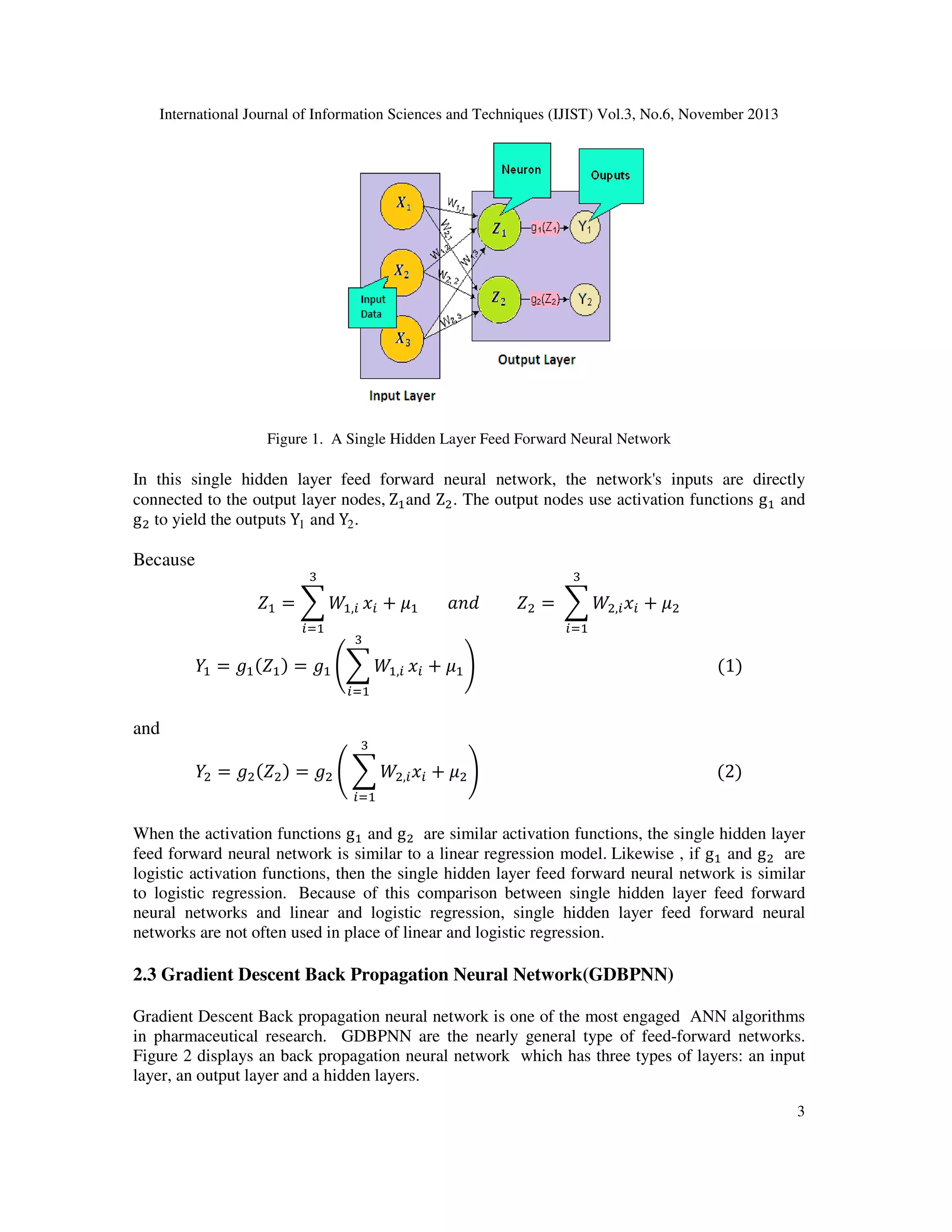 International Journal of Information Sciences and Techniques (IJIST) Vol.3, No.6, November 2013

Figure 1. A Single Hidden Layer Feed Forward Neural Network

In this single hidden layer feed forward neural network, the network's inputs are directly
connected to the output layer nodes,	Zଵ and Zଶ . The output nodes use activation functions gଵ and
g ଶ to yield the outputs Y1 and Y2 .

Because

ଷ

ଷ

ܼଵ = ෍ ܹଵ,௜ ‫ݔ‬௜ + ߤଵ 							ܽ݊݀									ܼଶ = 	 ෍ ܹଶ,௜ ‫ݔ‬௜ + ߤଶ
௜ୀଵ

ଷ

௜ୀଵ

ܻଵ = ݃ଵ ሺܼଵ ሻ = ݃ଵ ൭෍ ܹଵ,௜ ‫ݔ‬௜ + ߤଵ ൱																																																										ሺ1ሻ
௜ୀଵ

and

ଷ

ܻଶ = ݃ଶ ሺܼଶ ሻ = ݃ଶ ൭	෍ ܹଶ,௜ ‫ݔ‬௜ + ߤଶ ൱																																																									ሺ2ሻ
௜ୀଵ

When the activation functions gଵ and g ଶ are similar activation functions, the single hidden layer
feed forward neural network is similar to a linear regression model. Likewise , if gଵ and g ଶ are
logistic activation functions, then the single hidden layer feed forward neural network is similar
to logistic regression. Because of this comparison between single hidden layer feed forward
neural networks and linear and logistic regression, single hidden layer feed forward neural
networks are not often used in place of linear and logistic regression.

2.3 Gradient Descent Back Propagation Neural Network(GDBPNN)
Gradient Descent Back propagation neural network is one of the most engaged ANN algorithms
in pharmaceutical research. GDBPNN are the nearly general type of feed-forward networks.
Figure 2 displays an back propagation neural network which has three types of layers: an input
layer, an output layer and a hidden layers.
3

 