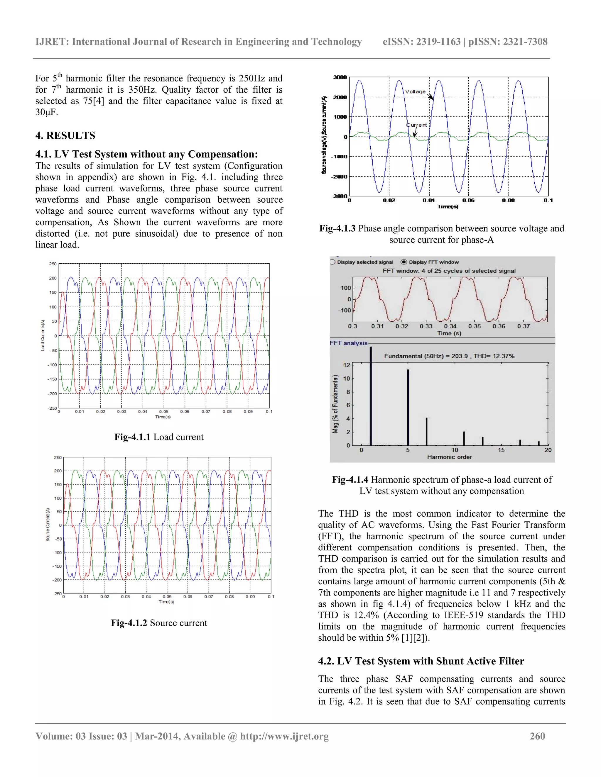 IJRET: International Journal of Research in Engineering and Technology eISSN: 2319-1163 | pISSN: 2321-7308
__________________________________________________________________________________________
Volume: 03 Issue: 03 | Mar-2014, Available @ http://www.ijret.org 260
For 5th
harmonic filter the resonance frequency is 250Hz and
for 7th
harmonic it is 350Hz. Quality factor of the filter is
selected as 75[4] and the filter capacitance value is fixed at
30μF.
4. RESULTS
4.1. LV Test System without any Compensation:
The results of simulation for LV test system (Configuration
shown in appendix) are shown in Fig. 4.1. including three
phase load current waveforms, three phase source current
waveforms and Phase angle comparison between source
voltage and source current waveforms without any type of
compensation, As Shown the current waveforms are more
distorted (i.e. not pure sinusoidal) due to presence of non
linear load.
Fig-4.1.1 Load current
Fig-4.1.2 Source current
Fig-4.1.3 Phase angle comparison between source voltage and
source current for phase-A
Fig-4.1.4 Harmonic spectrum of phase-a load current of
LV test system without any compensation
The THD is the most common indicator to determine the
quality of AC waveforms. Using the Fast Fourier Transform
(FFT), the harmonic spectrum of the source current under
different compensation conditions is presented. Then, the
THD comparison is carried out for the simulation results and
from the spectra plot, it can be seen that the source current
contains large amount of harmonic current components (5th &
7th components are higher magnitude i.e 11 and 7 respectively
as shown in fig 4.1.4) of frequencies below 1 kHz and the
THD is 12.4% (According to IEEE-519 standards the THD
limits on the magnitude of harmonic current frequencies
should be within 5% [1][2]).
4.2. LV Test System with Shunt Active Filter
The three phase SAF compensating currents and source
currents of the test system with SAF compensation are shown
in Fig. 4.2. It is seen that due to SAF compensating currents
 