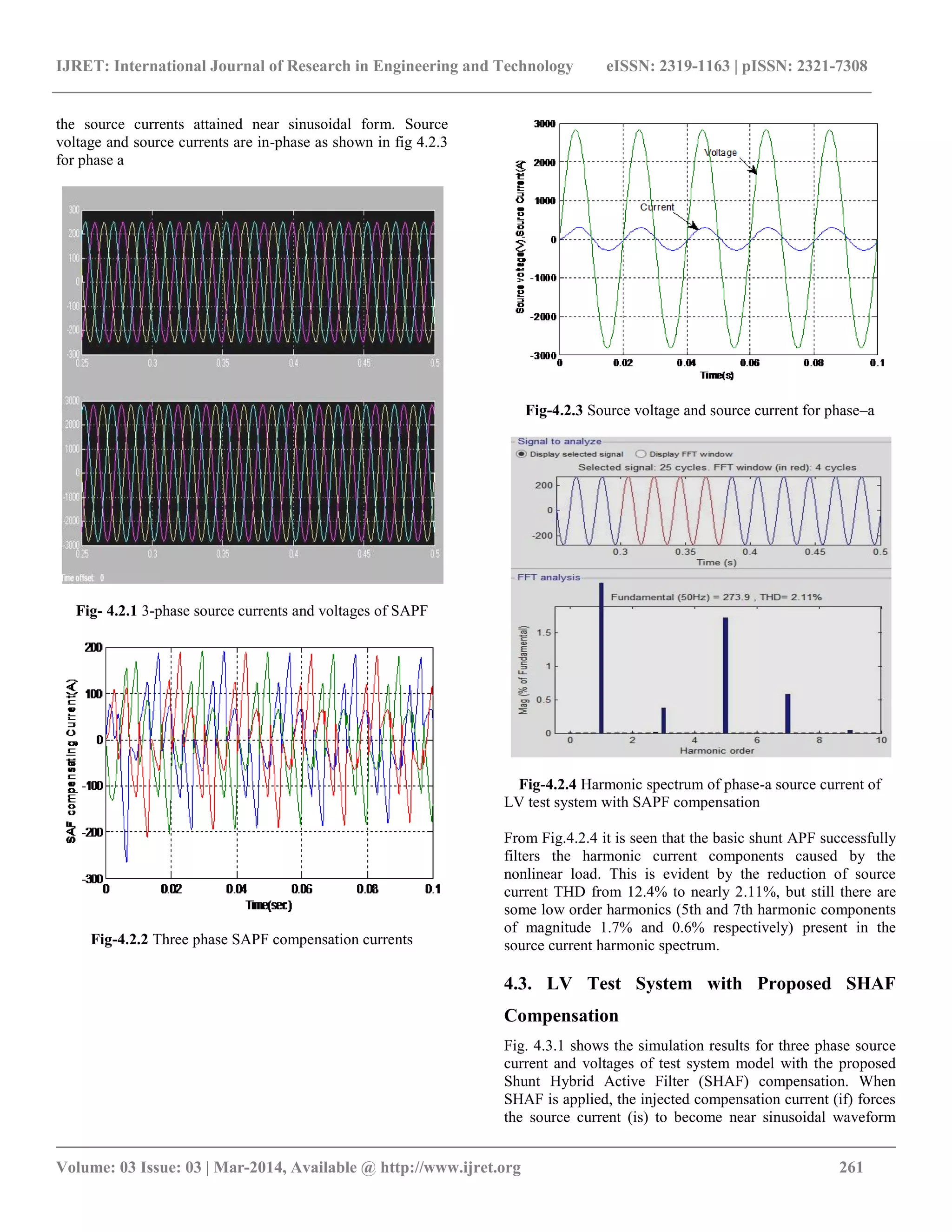 IJRET: International Journal of Research in Engineering and Technology eISSN: 2319-1163 | pISSN: 2321-7308
__________________________________________________________________________________________
Volume: 03 Issue: 03 | Mar-2014, Available @ http://www.ijret.org 261
the source currents attained near sinusoidal form. Source
voltage and source currents are in-phase as shown in fig 4.2.3
for phase a
Fig- 4.2.1 3-phase source currents and voltages of SAPF
Fig-4.2.2 Three phase SAPF compensation currents
Fig-4.2.3 Source voltage and source current for phase–a
Fig-4.2.4 Harmonic spectrum of phase-a source current of
LV test system with SAPF compensation
From Fig.4.2.4 it is seen that the basic shunt APF successfully
filters the harmonic current components caused by the
nonlinear load. This is evident by the reduction of source
current THD from 12.4% to nearly 2.11%, but still there are
some low order harmonics (5th and 7th harmonic components
of magnitude 1.7% and 0.6% respectively) present in the
source current harmonic spectrum.
4.3. LV Test System with Proposed SHAF
Compensation
Fig. 4.3.1 shows the simulation results for three phase source
current and voltages of test system model with the proposed
Shunt Hybrid Active Filter (SHAF) compensation. When
SHAF is applied, the injected compensation current (if) forces
the source current (is) to become near sinusoidal waveform
 
