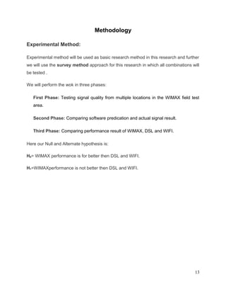 ENSC 427 Final Project!                                                             Hin Heng Chan
!                                                                                       301069874

Downlink service (from base station to subscriber) and uplink service (from subscriber
to base stations) can be set with different modulation schemes in WiMAX. Since the
distances between the base station and the subscriber stations were relatively long, a
lower modulation scheme could be deployed for better performance under noisy
conditions [10]. The modulation scheme QPSK was chosen for both downlink service
and uplink service for both subscribers. Figure 9 and Figure 10 explain the attributes set
for downlink service and uplink service respectively.




                          Figure 9. WiMAX Subscriber Stations Downlink Service




                          Figure 10. WiMAX Subscriber Stations Uplink Service



The attributes that have been modiﬁed for the base station and the subscriber stations
are listed as below in Table 1.


Table 1. WiMAX Base Station and WiMAX Subscriber Stations Attributes

                                                       WiMAX Base            WiMAX Subscriber
                                                         Station                 Stations

 Antenna Gain (dBi)                                        15 dBi                 14 dBi

 Maximum Transmission Power (W)                            10 W                    2W

 Service Class Name                                        Silver                 Silver

 Modulation Scheme (Downlink)                              QPSK                   QPSK

 Modulation Scheme (Uplink)                                QPSK                   QPSK




                                                                                                13
 