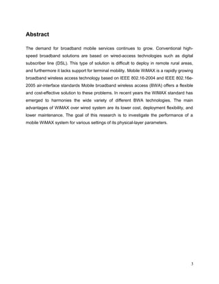 ENSC 427 Final Project!                                                                                  Hin Heng Chan
!                                                                                                            301069874

List of Figures
Figure 1. Application Conﬁguration..........................................................................!8
Figure 2. Proﬁle Conﬁguration.................................................................................!9
Figure 3. WiMAX Conﬁguration...............................................................................!10
Figure 4. WiMAX Base Station Conﬁguration..........................................................!11
Figure 5. WiMAX Subscriber Station (Caller) Conﬁguration....................................!11
Figure 6. WiMAX Subscriber Station (Callee) Conﬁguration...................................!12
Figure 7. WiMAX Subscriber Station (Caller) Supported Proﬁle..............................!12
Figure 8. WiMAX Subscriber Station (Callee) Supported Service...........................!12
Figure 9. WiMAX Subscriber Stations Downlink Service.........................................!13
Figure 10. WiMAX Subscriber Stations Uplink Service............................................!13
Figure 11. Scenario 1 (Fixed Nodes, Within Range)................................................!14
Figure 12. Scenario 2 (Fixed Nodes, Outside Range).............................................!14
Figure 13. Scenario 3 (Mobile Nodes, Within Range)..............................................!15
Figure 14. Scenario 4 (Mobile Nodes, Outside Range)...........................................!15
Figure 15. Throughput..............................................................................................! 6
                                                                                                                   1
Figure 16. End-to-End Delay....................................................................................!17
Figure 17. Mean Opinion Score...............................................................................!18

List of Tables
Table 1. WiMAX Base Station and WiMAX Subscriber Stations Attributes..............!13
Table 2. MOS Indication...........................................................................................!18




                                                                                                                         3
 