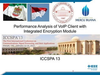Performance Analysis of VoIP Client with
     Integrated Encryption Module




              ICCSPA 13

                                1
 