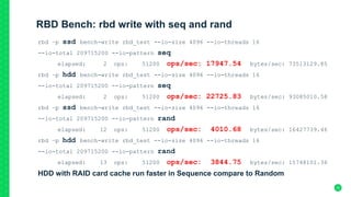 RBD Bench: rbd write with seq and rand
rbd –p ssd bench-write rbd_test --io-size 4096 --io-threads 16
--io-total 209715200 --io-pattern seq
elapsed: 2 ops: 51200 ops/sec: 17947.54 bytes/sec: 73513129.85
rbd –p hdd bench-write rbd_test --io-size 4096 --io-threads 16
--io-total 209715200 --io-pattern seq
elapsed: 2 ops: 51200 ops/sec: 22725.83 bytes/sec: 93085010.58
rbd –p ssd bench-write rbd_test --io-size 4096 --io-threads 16
--io-total 209715200 --io-pattern rand
elapsed: 12 ops: 51200 ops/sec: 4010.68 bytes/sec: 16427739.46
rbd –p hdd bench-write rbd_test --io-size 4096 --io-threads 16
--io-total 209715200 --io-pattern rand
elapsed: 13 ops: 51200 ops/sec: 3844.75 bytes/sec: 15748101.36
HDD with RAID card cache run faster in Sequence compare to Random
33
 