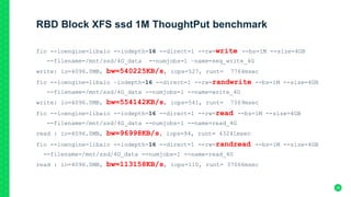 RBD Block XFS ssd 1M ThoughtPut benchmark
fio --ioengine=libaio --iodepth=16 --direct=1 --rw=write --bs=1M --size=4GB
--filename=/mnt/ssd/4G_data --numjobs=1 –name=seq_write_4G
write: io=4096.0MB, bw=540225KB/s, iops=527, runt= 7764msec
fio --ioengine=libaio –iodepth=16 --direct=1 --rw=randwrite --bs=1M --size=4GB
--filename=/mnt/ssd/4G_data --numjobs=1 --name=write_4G
write: io=4096.0MB, bw=554142KB/s, iops=541, runt= 7569msec
fio --ioengine=libaio --iodepth=16 --direct=1 --rw=read --bs=1M --size=4GB
--filename=/mnt/ssd/4G_data --numjobs=1 --name=read_4G
read : io=4096.0MB, bw=96998KB/s, iops=94, runt= 43241msec
fio --ioengine=libaio --iodepth=16 --direct=1 --rw=randread --bs=1M --size=4GB
--filename=/mnt/ssd/4G_data --numjobs=1 --name=read_4G
read : io=4096.0MB, bw=113158KB/s, iops=110, runt= 37066msec
38
 