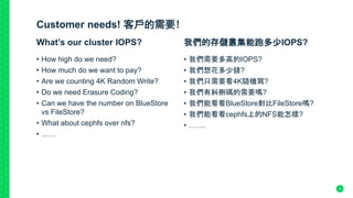 Customer needs! 客戶的需要!
• How high do we need?
• How much do we want to pay?
• Are we counting 4K Random Write?
• Do we need Erasure Coding?
• Can we have the number on BlueStore
vs FileStore?
• What about cephfs over nfs?
• ……
What’s our cluster IOPS?
• 我們需要多高的IOPS?
• 我們想花多少錢?
• 我們只需要看4K隨機寫?
• 我們有糾刪碼的需要嗎?
• 我們能看看BlueStore對比FileStore嗎?
• 我們能看看cephfs上的NFS能怎樣?
• …….
我們的存儲叢集能跑多少IOPS?
9
 