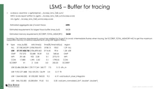 1111 Open slide master to edit
LSMS – Buffer for tracing
• scalasca -examine -s /gpfs/alpine/…/scorep_lsms_Ox8_sum/
INFO: Score report written to /gpfs/…/scorep_lsms_Ox8_sum/scorep.score
vim /gpfs/…/scorep_lsms_Ox8_sum/scorep.score
Estimated aggregate size of event trace: 24TB
Estimated requirements for largest trace buffer (max_buf): 36GB
Estimated memory requirements (SCOREP_TOTAL_MEMORY): 36GB
(warning: The memory requirements cannot be satisfied by Score-P to avoid intermediate flushes when tracing. Set SCOREP_TOTAL_MEMORY=4G to get the maximum
supported memory or reduce requirements using USR regions filters.)
flt type max_buf[B] visits time[s] time[%] time/visit[us] region
ALL 37,758,243,091 2,906,934,475 3738.13 100.0 1.29 ALL
USR 37,757,438,730 2,906,899,463 3714.45 99.4 1.28 USR
OMP 757,272 32,688 18.59 0.5 568.66 OMP
MPI 29,168 932 2.58 0.1 2772.73 MPI
COM 17,880 1,390 2.50 0.1 1798.55 COM
SCOREP 41 2 0.00 0.0 242.20 SCOREP
USR 22,486,328,384 1,729,717,541 260.77 7.0 0.15 dfv_m
USR 9,921,071,888 763,159,376 126.99 3.4 0.17 fit
USR 1,064,960,000 81,920,000 343.03 9.2 4.19 void bulirsch_stoer_integrator
USR 846,102,582 65,083,854 19.65 0.5 0.30 void plm_normalized_(int*, double*, double*)
 